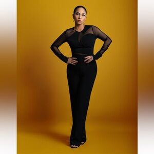 SHEIN Black Mesh Sleeve Jumpsuit